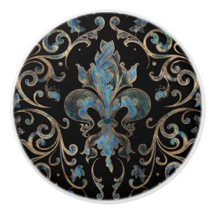 Bouton De Porte En Céramique Fleur de lis ornement Abalone Shell and Gold