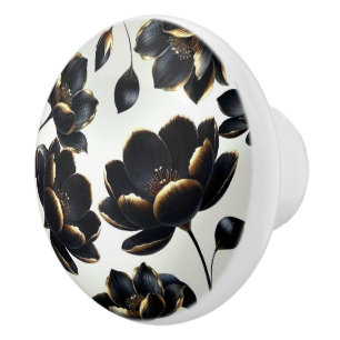 Bouton De Porte En Céramique Fleur de Noir et Or Greige Élégant Sombre Humeur