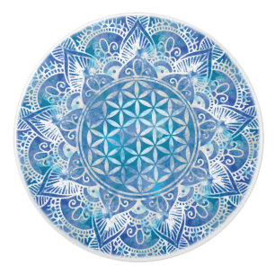 Bouton De Porte En Céramique Fleur de vie à Lotus - Aquarelle Bleue