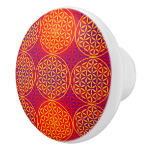 Bouton De Porte En Céramique Fleur de vie - motif de timbre - rose orange
