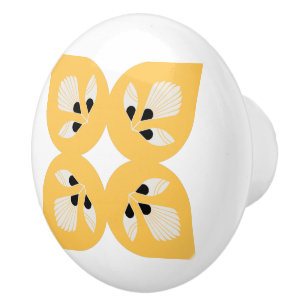 Bouton De Porte En Céramique Fleur ethnique orange jaune et noir