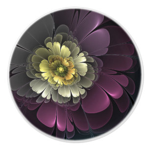Bouton De Porte En Céramique Fleur fractale grise et pourpre moderne abstraite