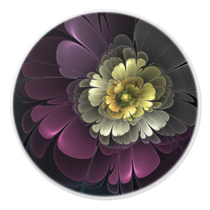 Bouton De Porte En Céramique Fleur fractale grise et pourpre moderne abstraite
