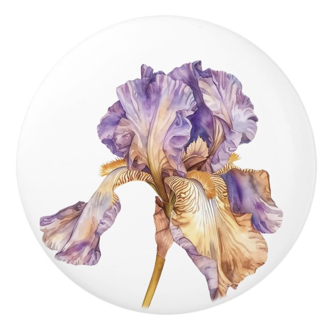 Bouton De Porte En Céramique Fleur Iris d'or violet (Devant)