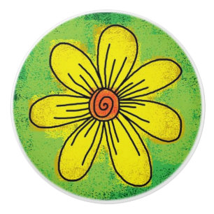 Bouton De Porte En Céramique Fleur Jaune sur Pull en Céramique Vert