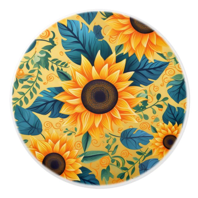 Bouton De Porte En Céramique Fleur jaune tournesol (Devant)