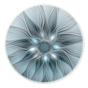 Bouton De Porte En Céramique Fleur Joyeuse Abstrait gris bleu floral Fractal