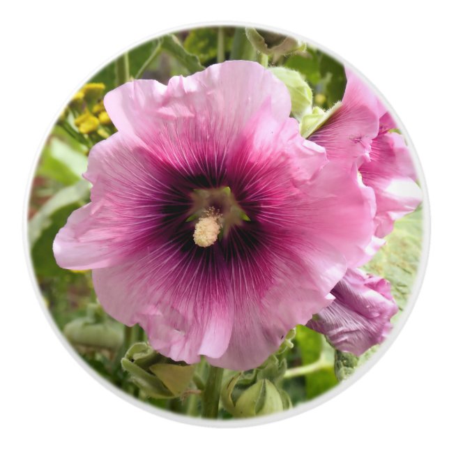 BOUTON DE PORTE EN CÉRAMIQUE FLEUR ROSE HOLLYHOCK (Devant)