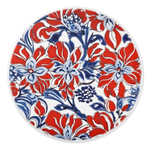 Bouton De Porte En Céramique Fleur rouge, blanc et bleu, cerceau en céramique p