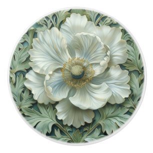 Bouton De Porte En Céramique Fleur verte de Sage blanc Art Nouveau