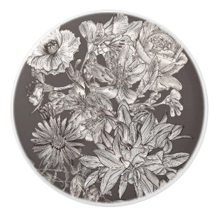 Bouton De Porte En Céramique Fleuris Vintage Moderne Botanique Gris Chic Rustiq