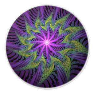 Bouton De Porte En Céramique Fleuron vert violet Art Abstrait fractal moderne