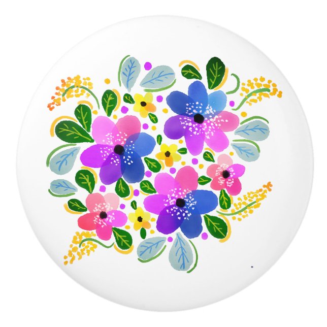 Bouton De Porte En Céramique Fleurs Aquarelles bleu violet rose (Devant)