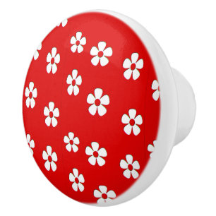 Bouton De Porte En Céramique Fleurs blanches mignonnes sur rouge