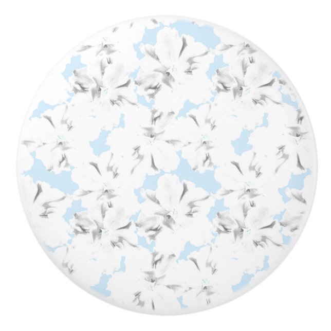 Bouton De Porte En Céramique Fleurs blanches sur bleu clair. (Devant)