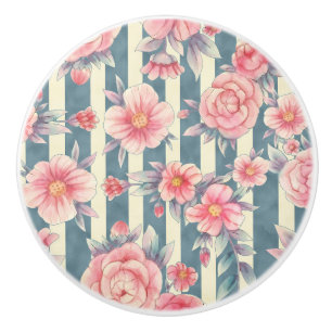Bouton De Porte En Céramique Fleurs d'aquarelle rose sur bandes