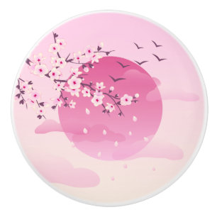 Bouton De Porte En Céramique Fleurs de cerise Paysage japonais Fille rose