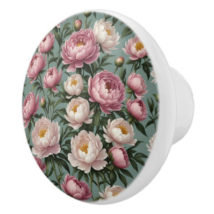 Bouton De Porte En Céramique Fleurs de pivoines roses et blanches