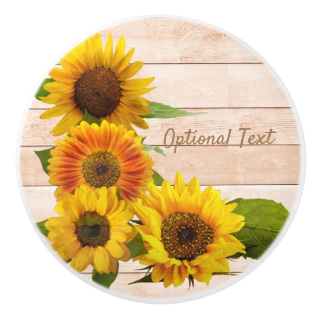 Bouton De Porte En Céramique Fleurs de soleil rustiques sur bois (Devant)