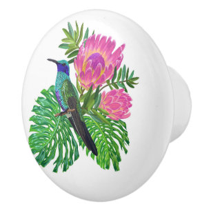 Bouton De Porte En Céramique Fleurs et Humming Bird Ceramic Knob