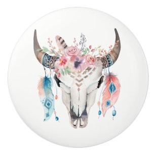 Bouton De Porte En Céramique Fleurs et plume rustique de charme de pays de