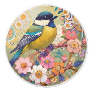 Bouton De Porte En Céramique Fleurs florales colorées d'Oiseau de Chickadee Gre