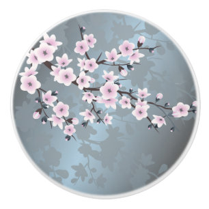 Bouton De Porte En Céramique Fleurs florales de cerises bleues rose cendré