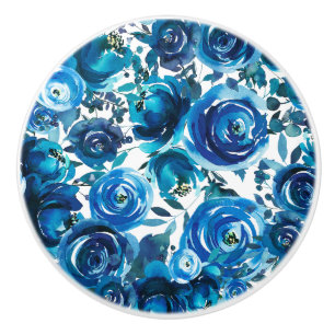 Bouton De Porte En Céramique Fleurs Florales Indigo Bleu Élégant Shabby Chic