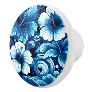 Bouton De Porte En Céramique Fleurs hawaïennes tropicales Hibiscus Motif bleu