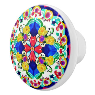 Bouton De Porte En Céramique Fleurs inspirées bleu jaune rouge esthétique