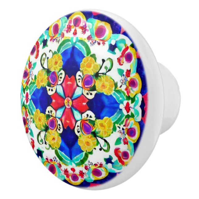 Bouton De Porte En Céramique Fleurs inspirées bleu jaune rouge esthétique (Droite)
