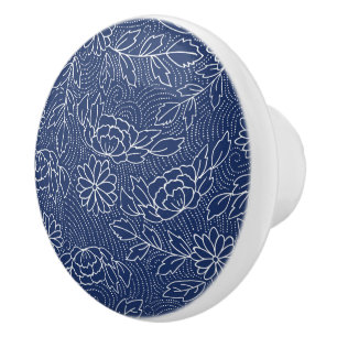 Bouton De Porte En Céramique Fleurs japonaises blanches et bleues motif