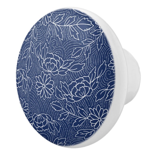 Bouton De Porte En Céramique Fleurs japonaises blanches et bleues motif (Droite)
