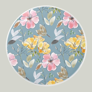 Bouton De Porte En Céramique Fleurs Jaunes Bleues Douces Motif Floral Rose
