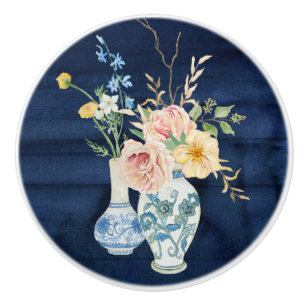 Bouton De Porte En Céramique Fleurs Jaunes vintages Blush Rose Marine Bois Bleu