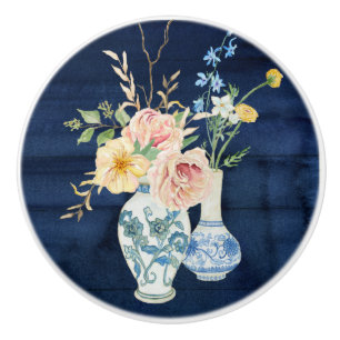 Bouton De Porte En Céramique Fleurs Jaunes vintages Blush Rose Marine Bois Bleu