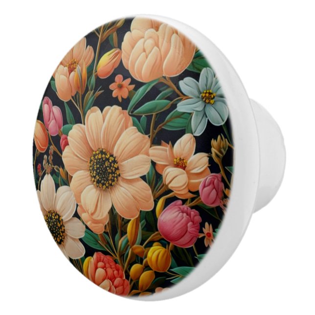 Bouton De Porte En Céramique Fleurs orange rétro tulipes turquoises maman margu (Droite)