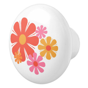 Bouton De Porte En Céramique Fleurs rétro 60s les années 70 rose et jaune