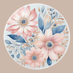 Bouton De Porte En Céramique Fleurs roses bleu foncé Beige Boho Floral