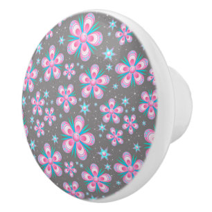 Bouton De Porte En Céramique Fleurs roses et turquoises des années 60