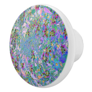 Bouton De Porte En Céramique Fleurs sauvages rétro violet, vert et bleu sur ros