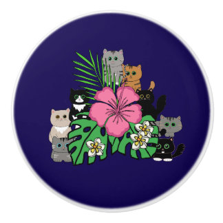 Bouton De Porte En Céramique Fleurs tropicales et chats Kawaii