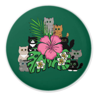Bouton De Porte En Céramique Fleurs tropicales et chats Kawaii Tirage en cérami