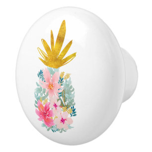 Bouton De Porte En Céramique Fleurs tropicales roses et ananas