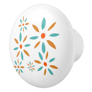 Bouton De Porte En Céramique Fleurs Turquoise Bleu Et Orange Du Milieu Du Siècl