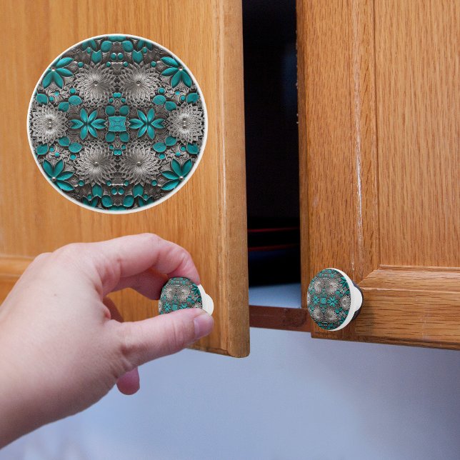 Bouton De Porte En Céramique Fleurs turquoise et argentée (Créateur téléchargé)
