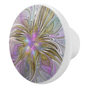 Bouton De Porte En Céramique Floral Coloré Abstrait Fractal Avec Rose & Or