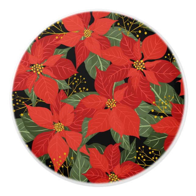 Bouton De Porte En Céramique Floral de Noël de Poinsettia (Devant)