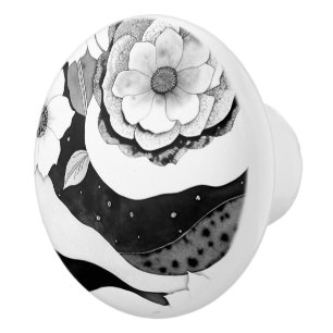 Bouton De Porte En Céramique Floral élégant en noir et blanc