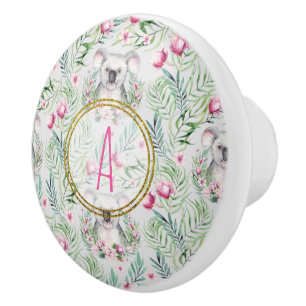 Bouton De Porte En Céramique Floral KOALA OURS Monogramme Filles Pièce à couche